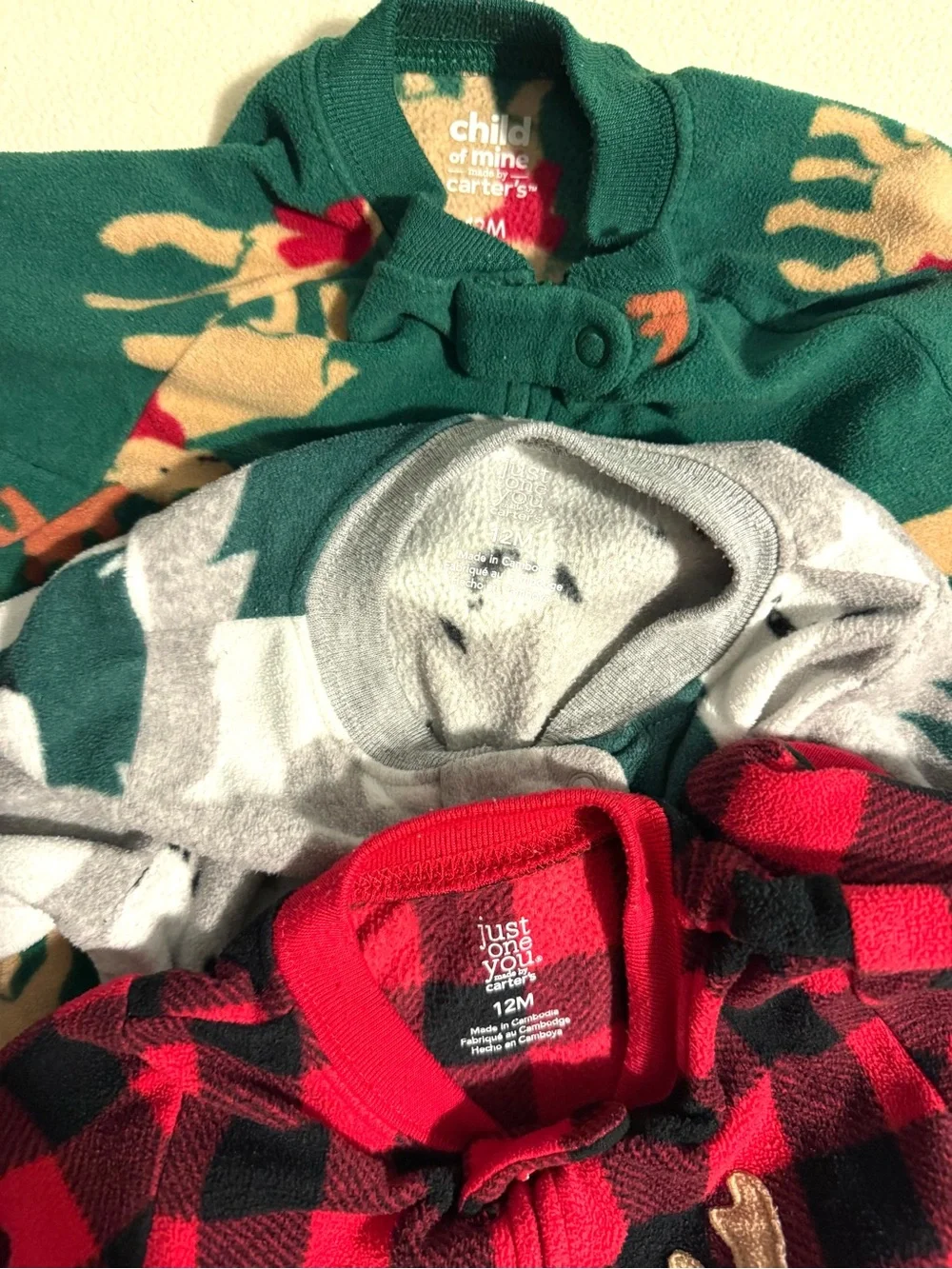 Carter’s 12M Fleece Footed PJs Winter Set of 3 Buffalo Plaid Moose Bear Winter